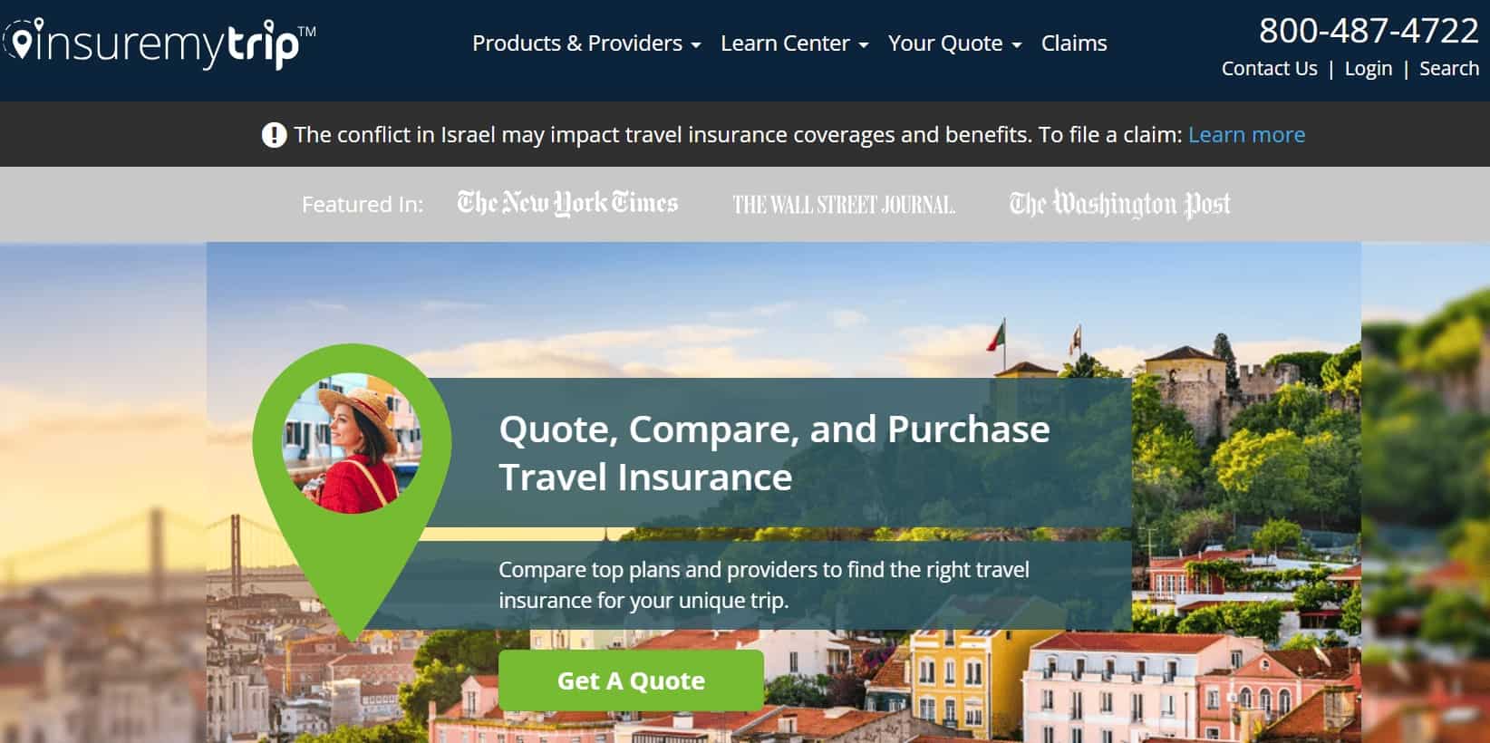 Captura de tela da página inicial do InsureMyTrip, um site para encontrar seguros de viagem
