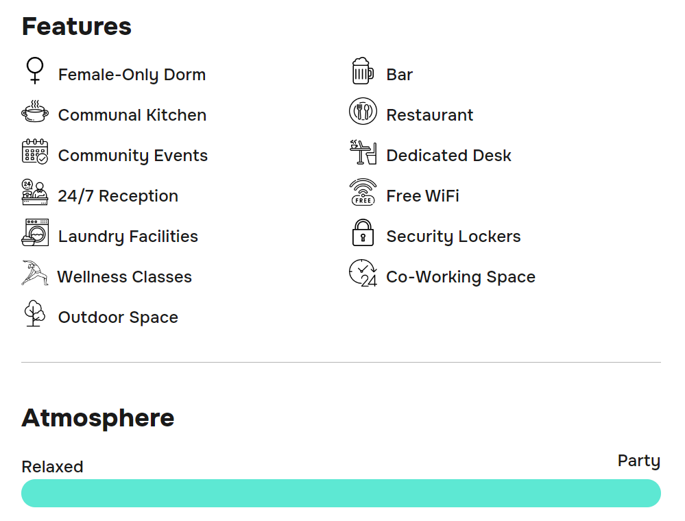 Captura de tela do site HostelPass mostrando a lista de comodidades do albergue YellowSquare Rome