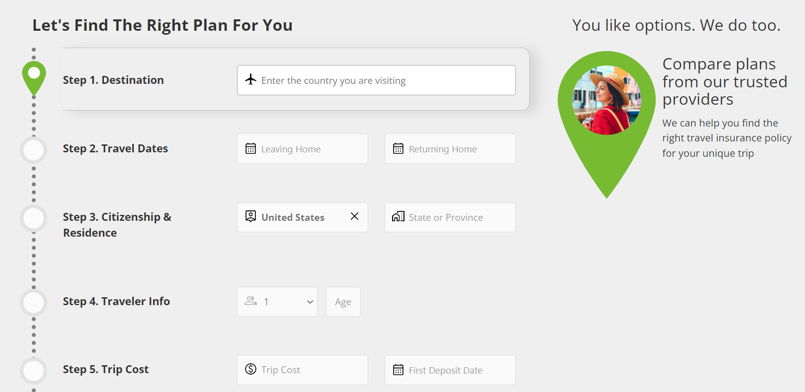 Captura de tela do site InsureMyTrip mostrando opções de preenchimento de lacunas para criar uma cotação